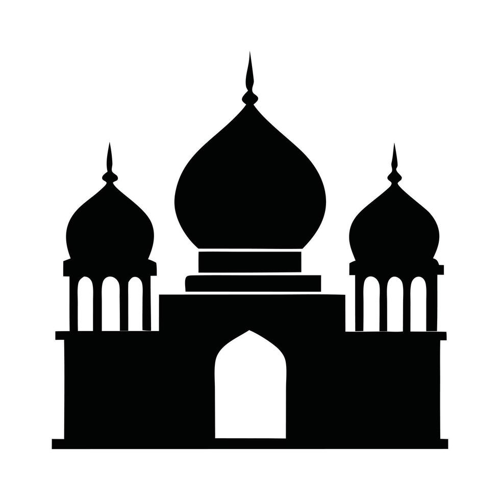 Simple, elegant silhouette of a mosque, featuring a dome, minaret, and arched entrance. vector
