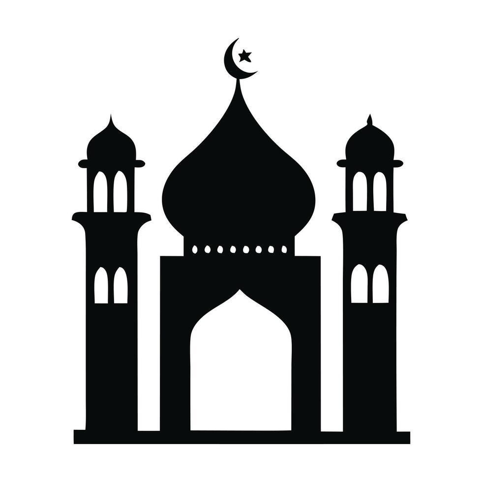 This stylized, black and white silhouette depicts a mosque, likely in a desert region, complete with a crescent moon and palm trees. vector