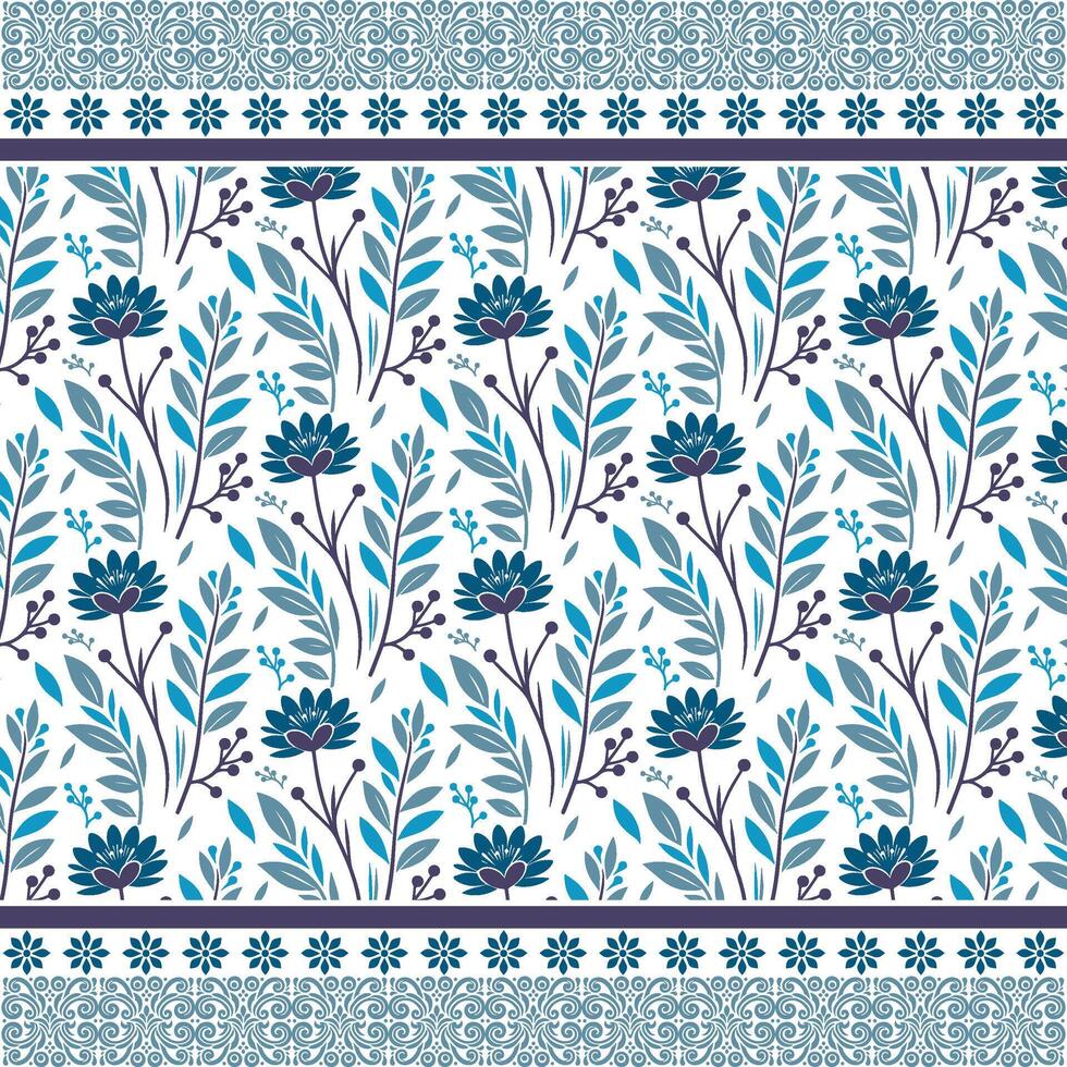bohemian blue damask floral seamless pattern with artistic border for wallpaper and backgrounds vector