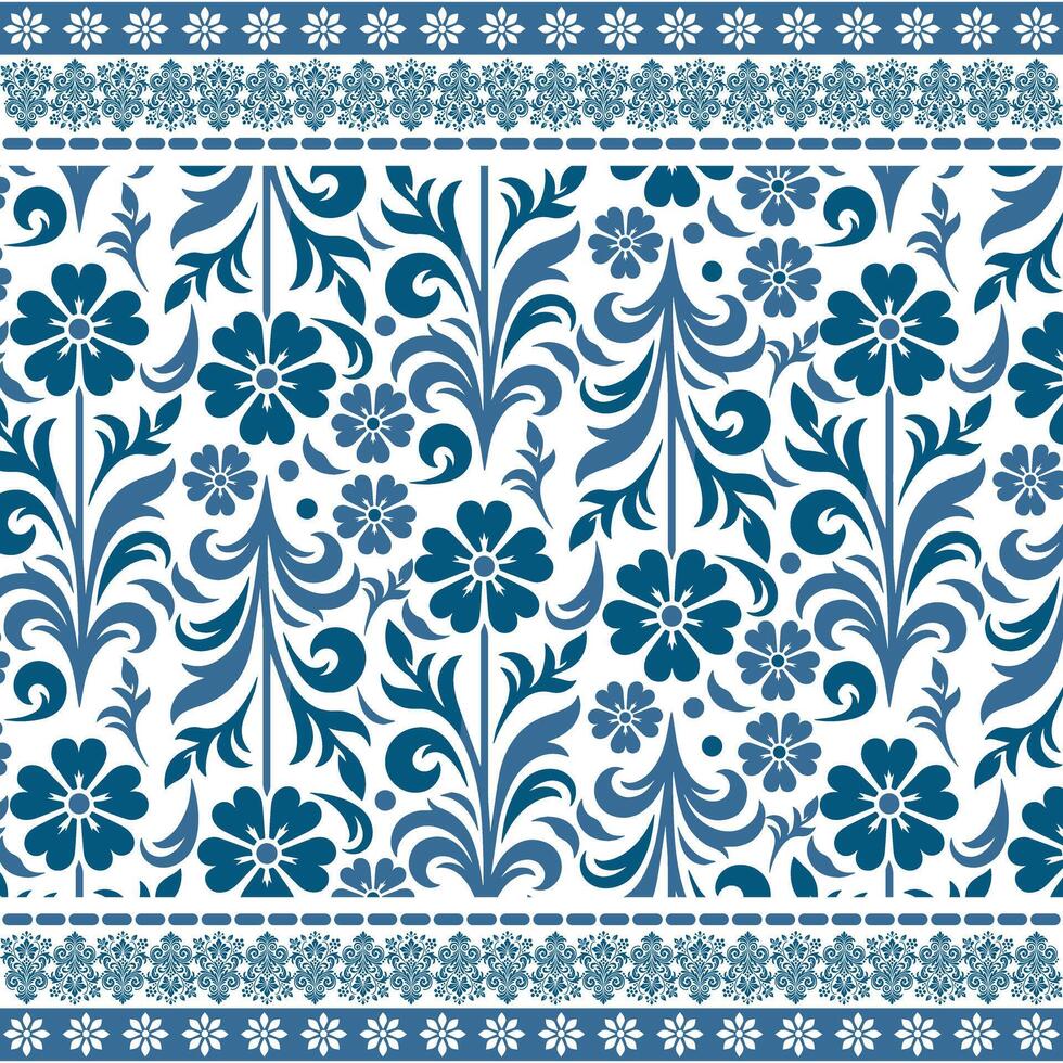 bohemian blue floral seamless pattern with an elegant border for textile and fabric printing vector