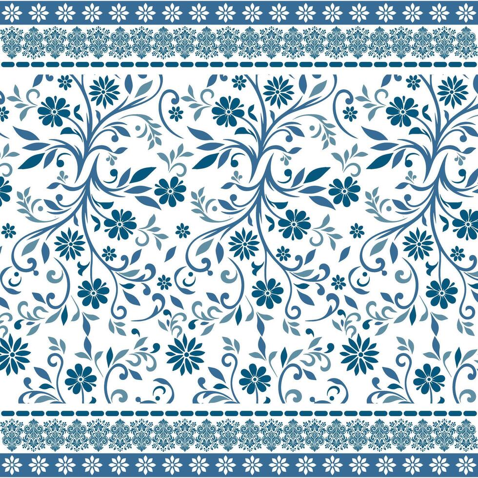 delicate blue bohemian floral seamless pattern with detailed border for home textile projects vector