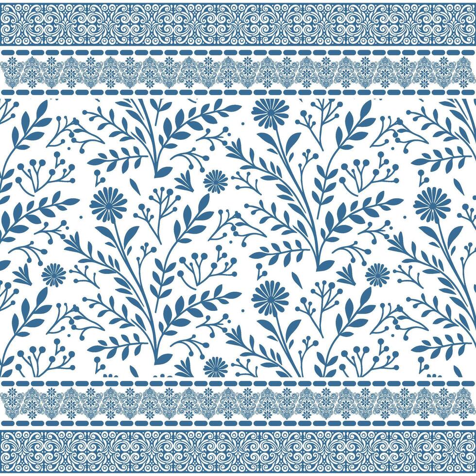 antique blue floral seamless pattern with baroque border for wedding invitations and textile vector