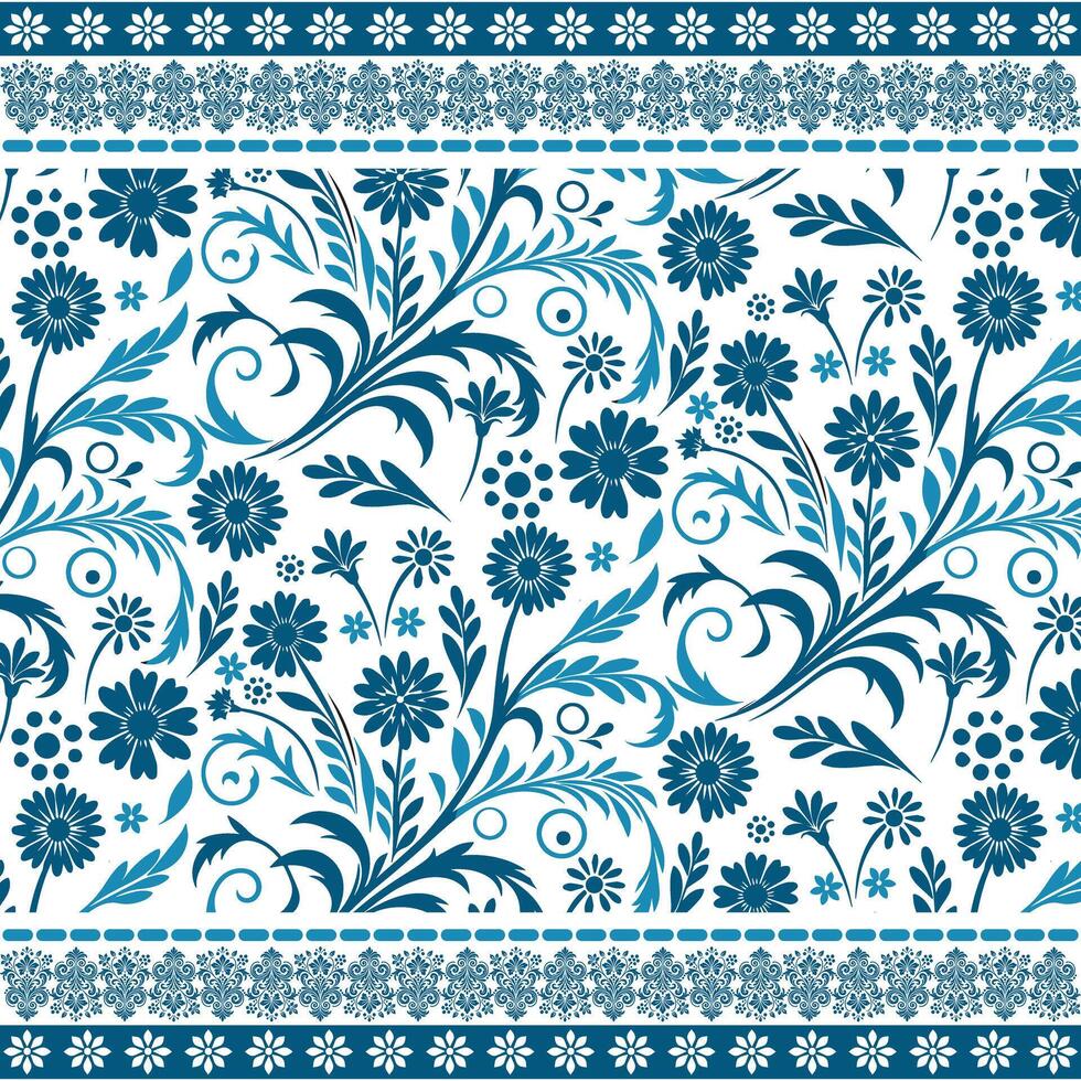 retro blue arabesque floral seamless pattern with ornamental border for wrapping and decoration vector