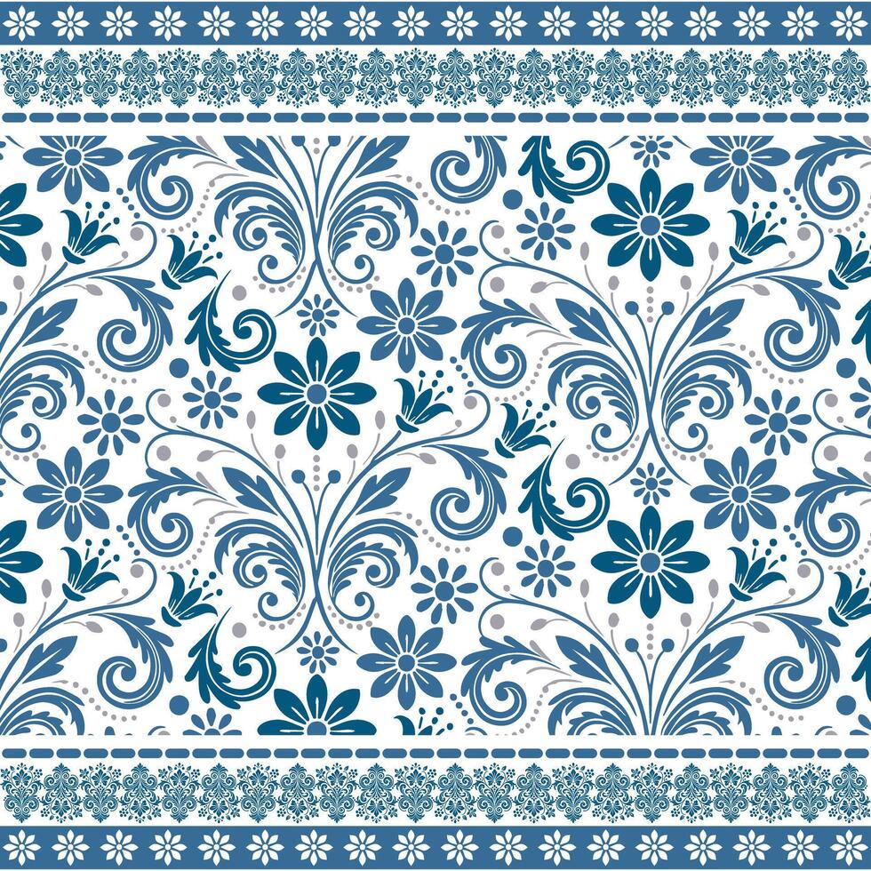 unique blue floral seamless pattern with traditional border for wedding and textile projects vector