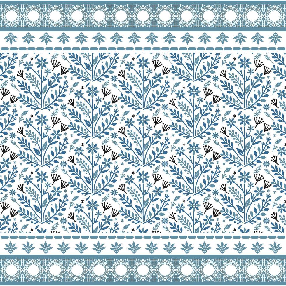 beautiful blue floral seamless pattern with a vintage border for wrapping and fabric printing vector