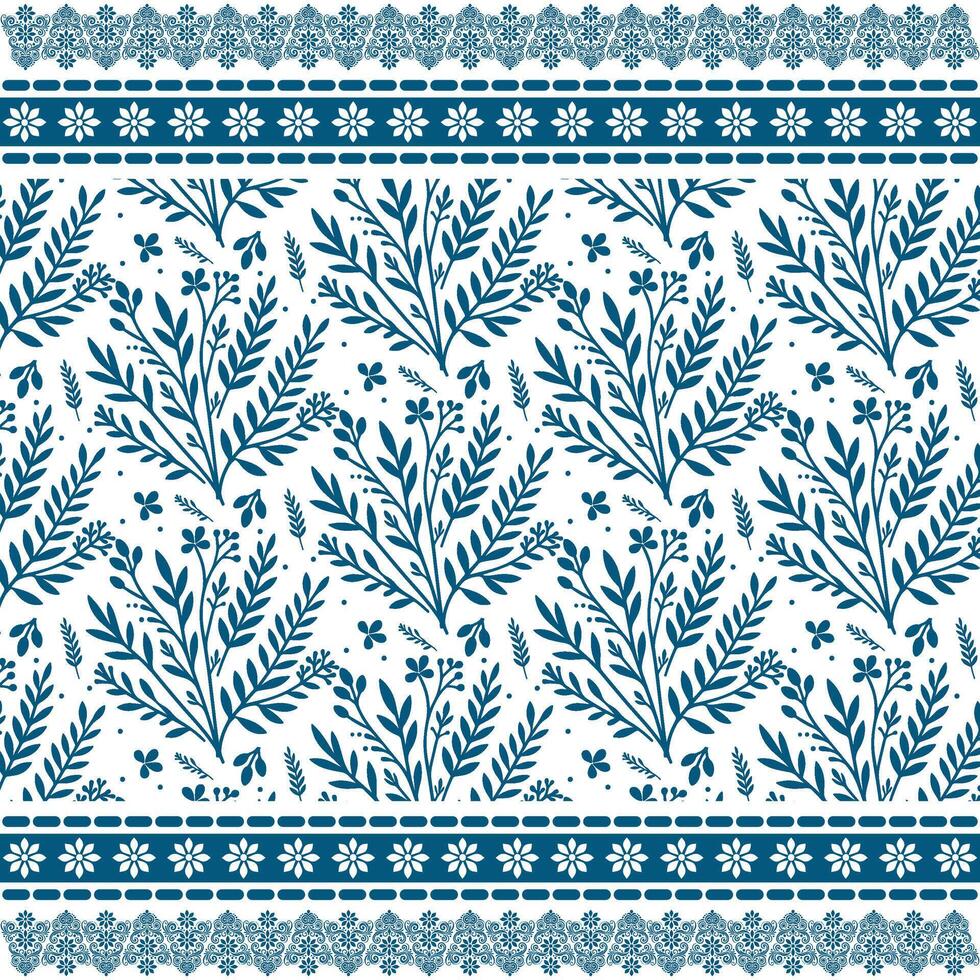 intricate blue floral seamless pattern with decorative border for elegant wrapping and textile vector