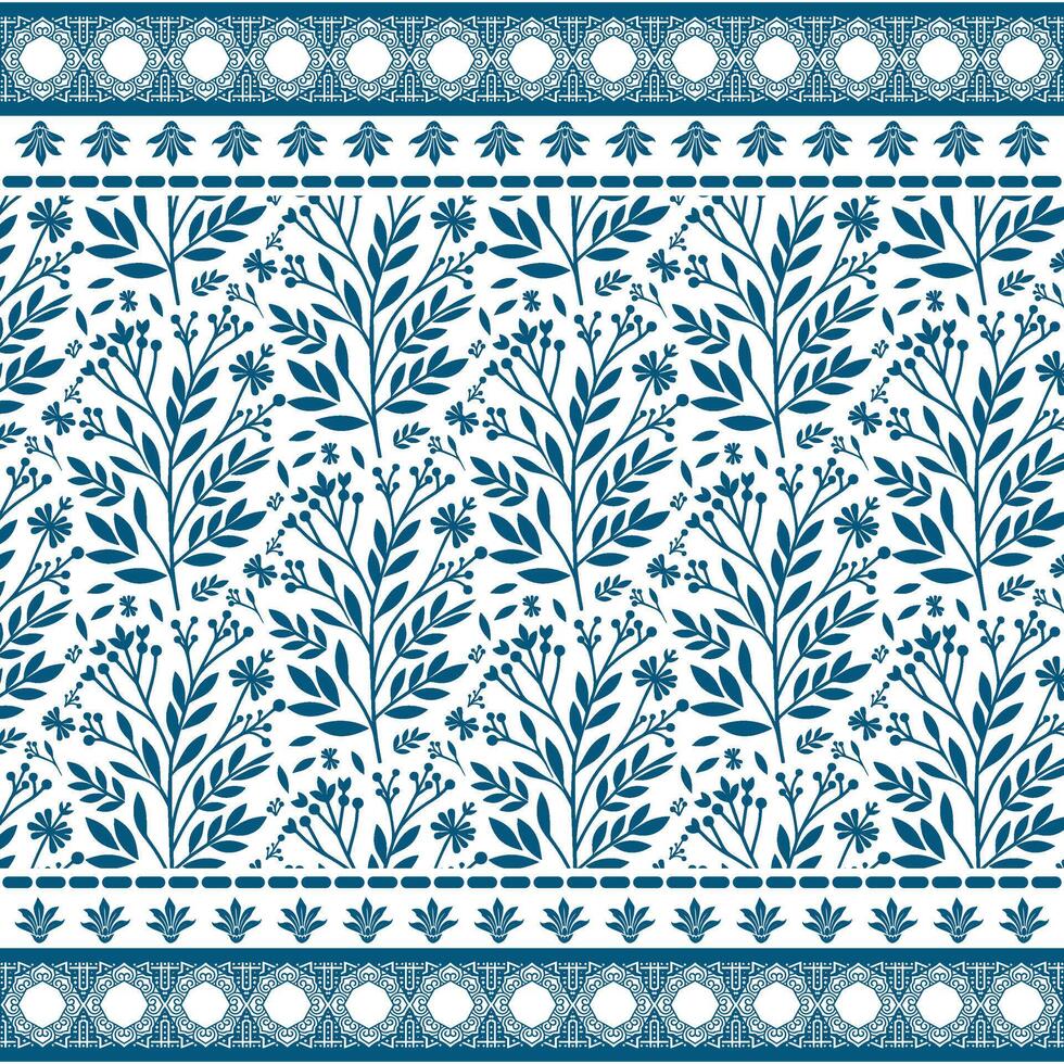 classic blue floral seamless pattern with a stylish border for elegant backgrounds and textile vector