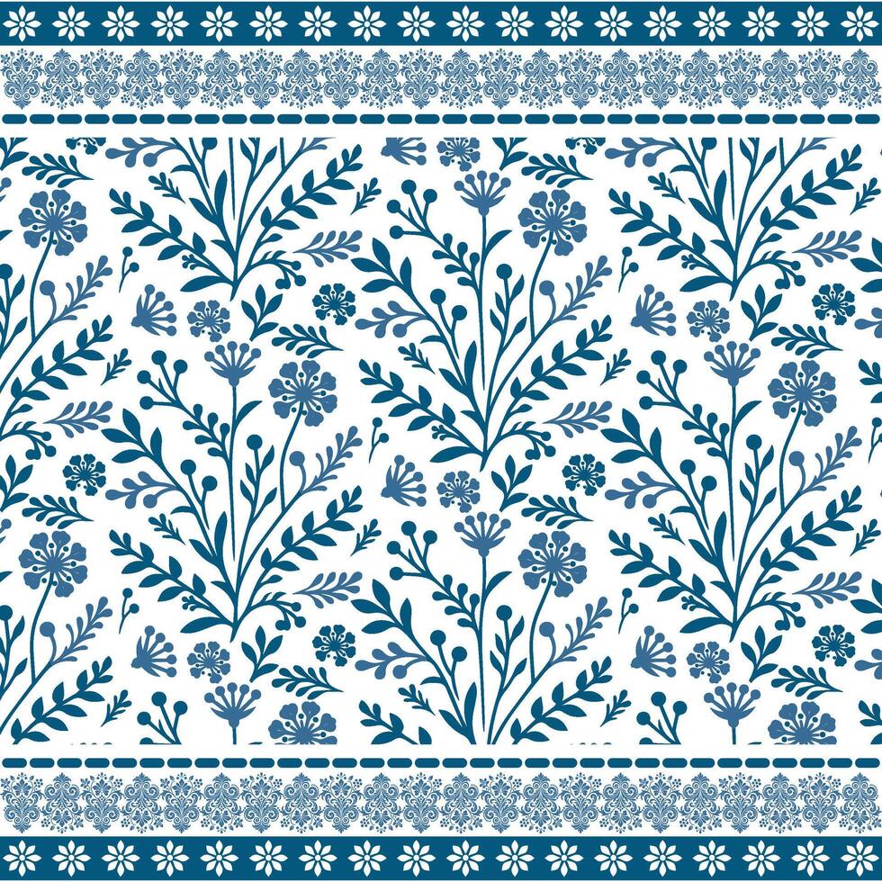 antique blue baroque floral seamless pattern with ornamental border for vintage projects vector