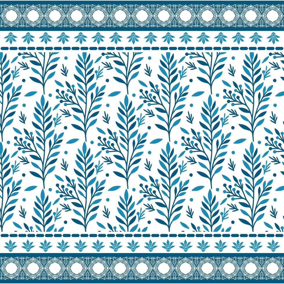 artistic blue floral seamless pattern with intricate border for wrapping and textile printing vector