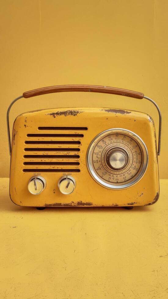 Yellow vintage radio on yellow background photo