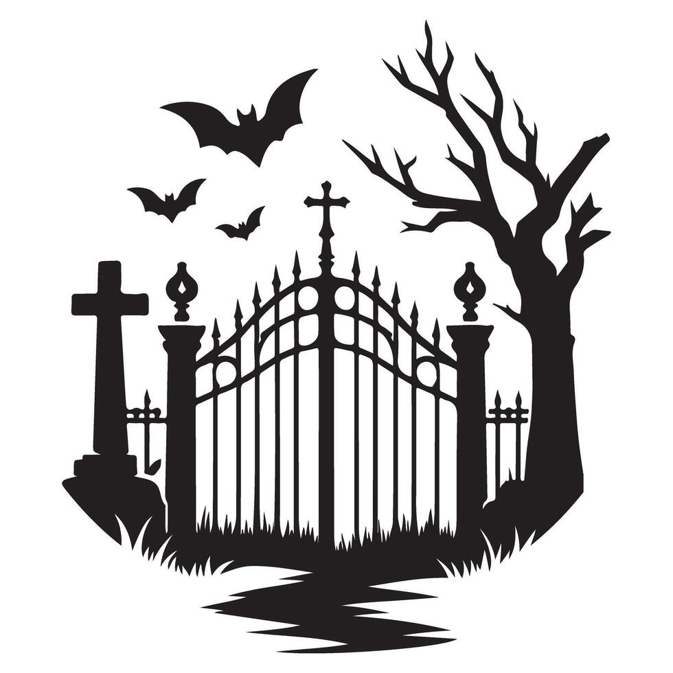 Spooky Halloween Graveyard Gate Silhouette Illustration with Bats and Tree vector