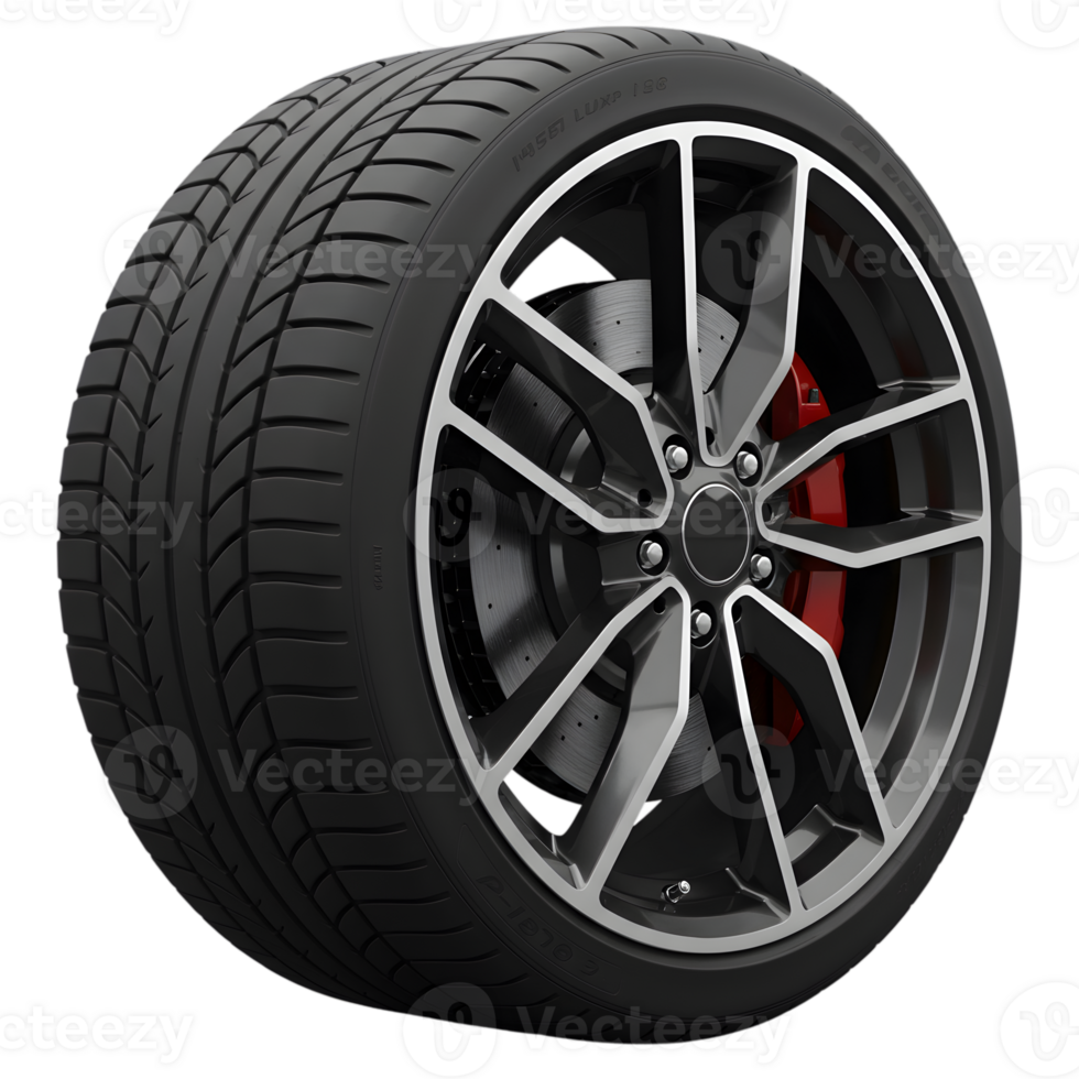 Sporty Black Alloy Wheel with Tire Modern Car Part red rim grey auto speed brake metal motor design png
