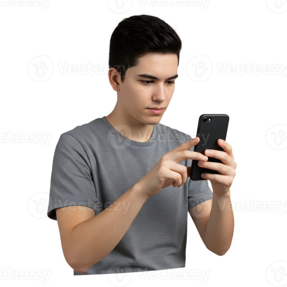 Young Man Using Smartphone Grey Shirt Casual Style Modern Technology Boy Apps Hand Media Mobile png