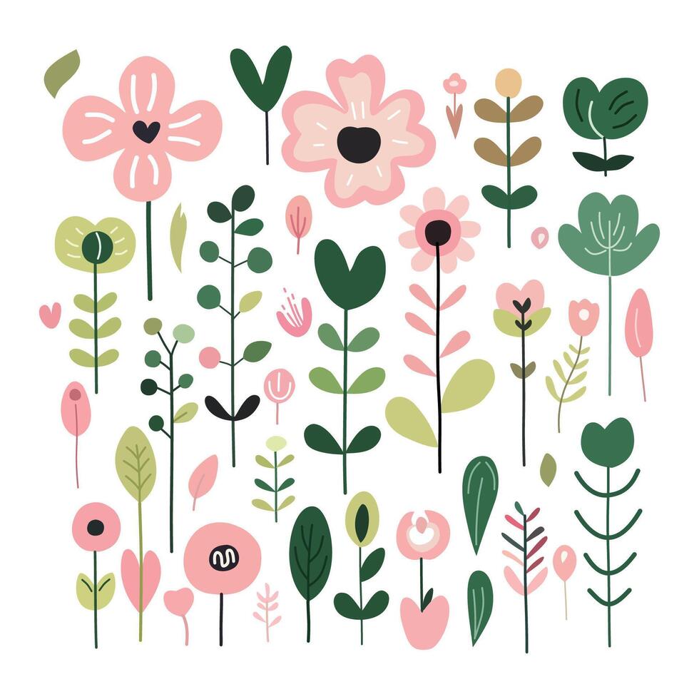 Cute set of flowers, leaves, abstract, colored. vector