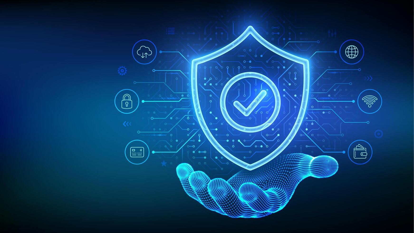 Security shield. Cyber security. Protection shield with Check mark icon in wireframe hand. Cyber data protection. Information privacy idea. Circuit board pattern. PCB printed circuit texture. . vector