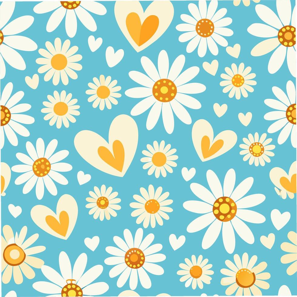 Cheerful spring pattern of heart-shaped daisies floral design seamless blue background whimsical concept for decor vector