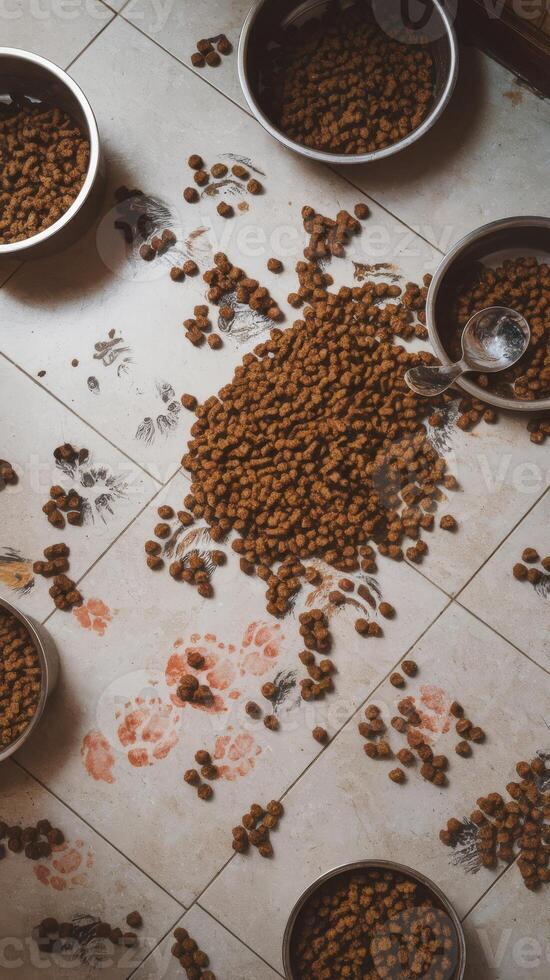 Many bowls of food are scattered on the floor photo