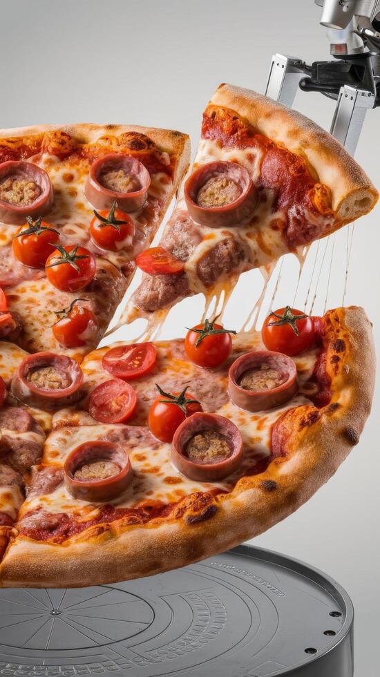 Diablo pizza with sausages tomatoes and cheese on a white background pizza constructor levitation photo