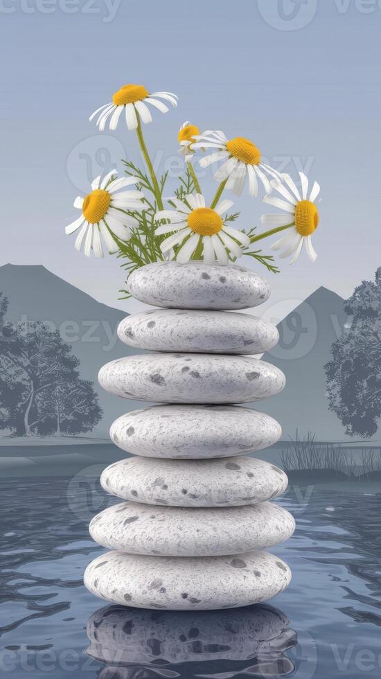 A stack of stones with daisies in the middle photo