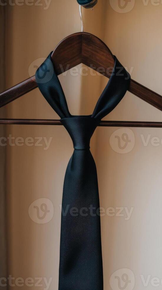 A black tie hanging on a hanger photo