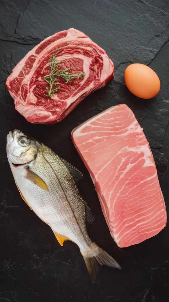 Various protein sources concept rib eye dorado pork egg top view on a black stone background photo