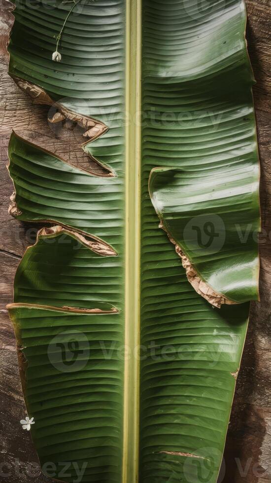 Banana leaf on wooden background photo