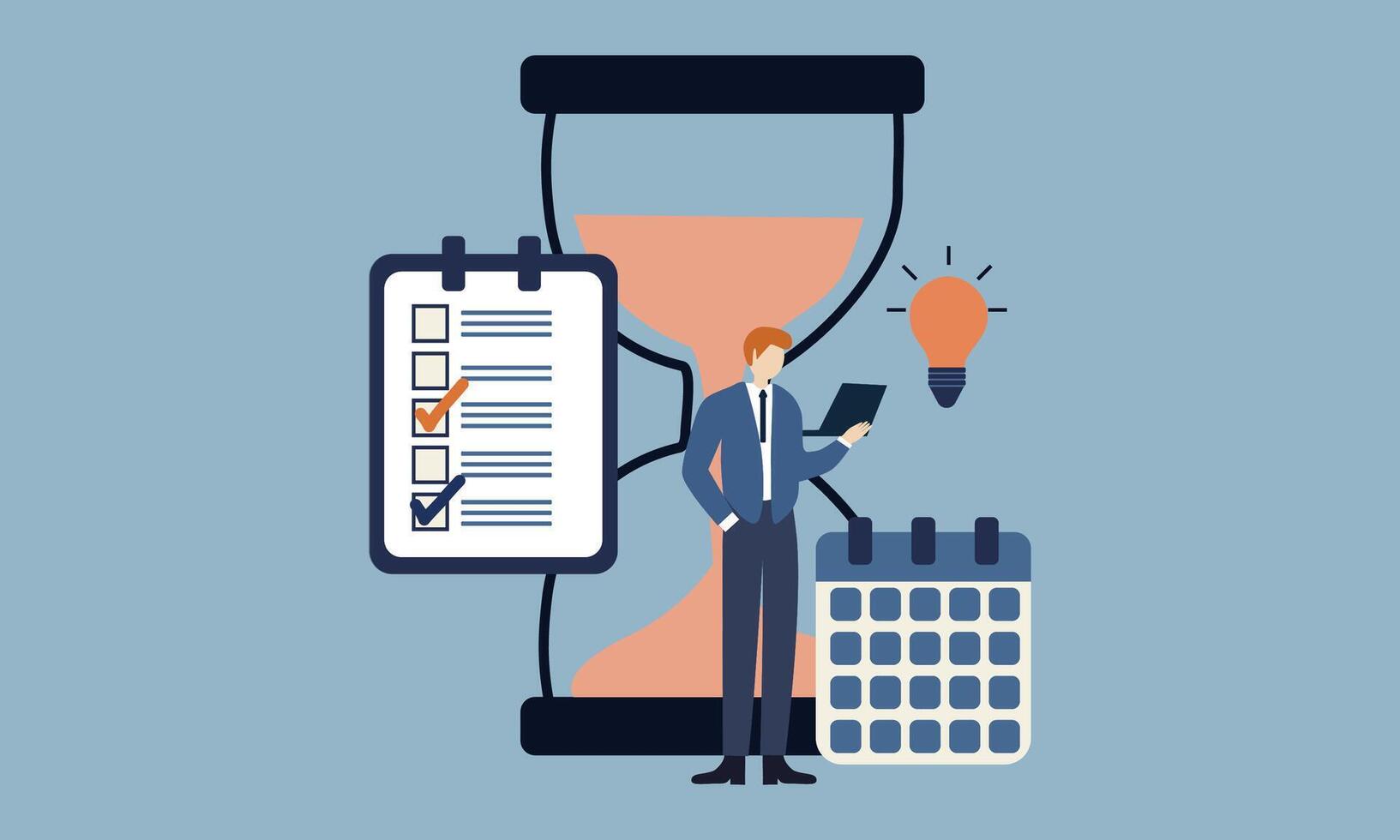 Businessman check deadline checklist with hourglass to do list time management effective business planning vector