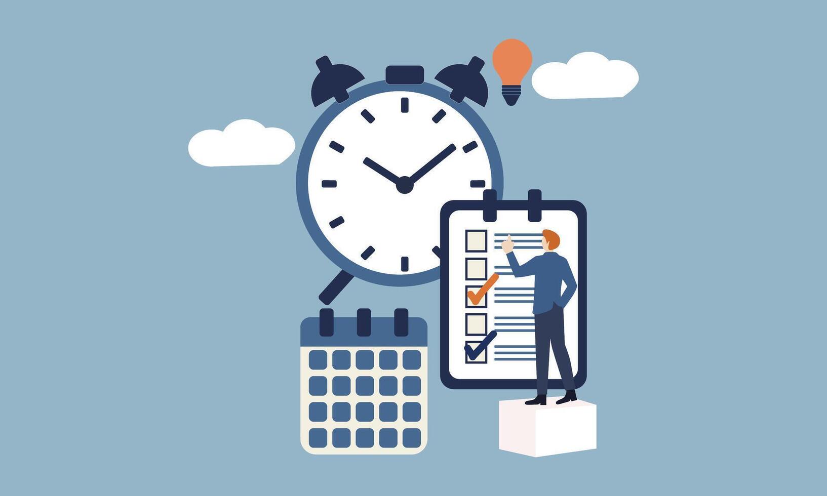 Businessman check deadline checklist with alarm clock to do list time management effective business planning vector