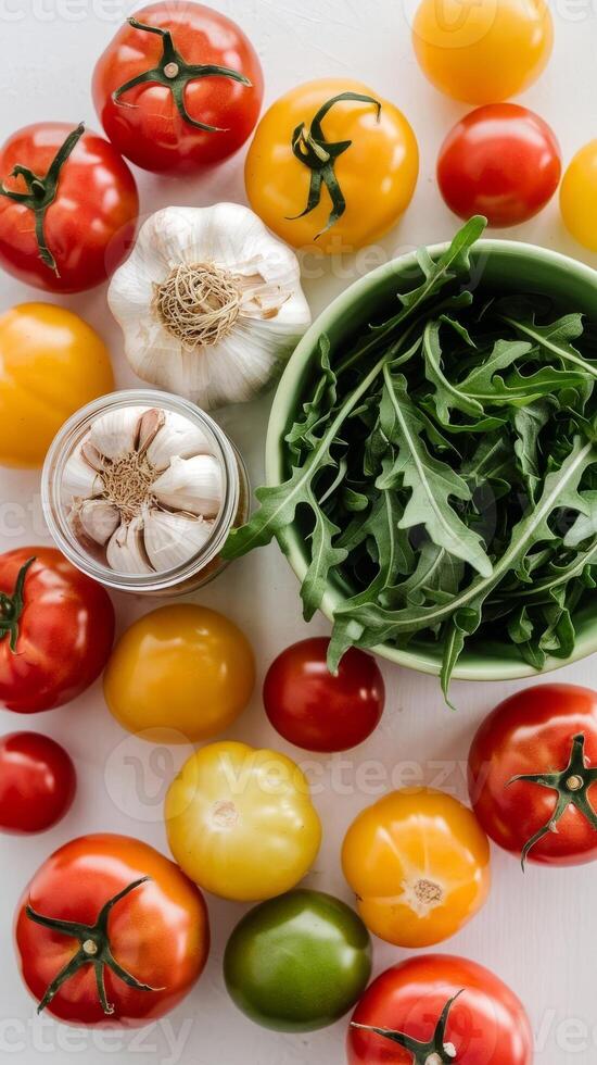 Tomatoes, garlic, and arugula on white table photo