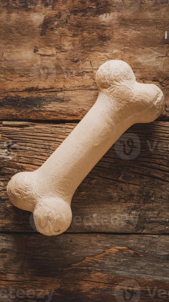 A dog bone on a wooden table photo