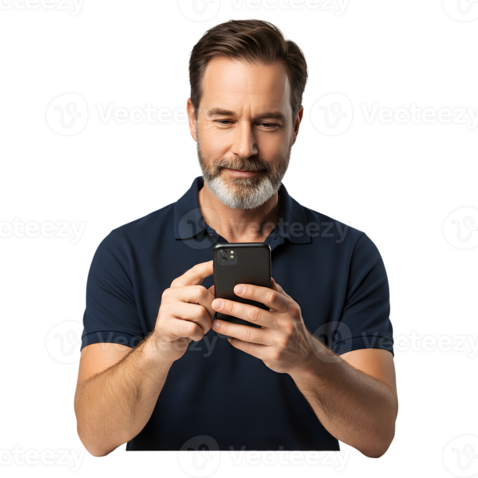 Mature Man Using Smartphone Mobile Phone App Technology Male Aged Grey Hair Dark Adult Beard Person png