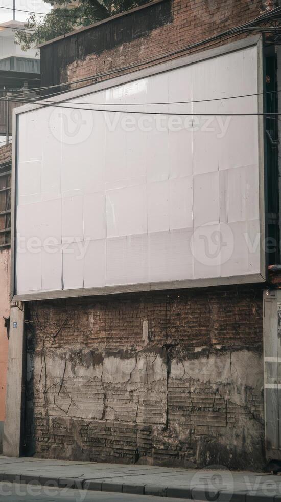 A billboard on a brick wall in front of a building photo