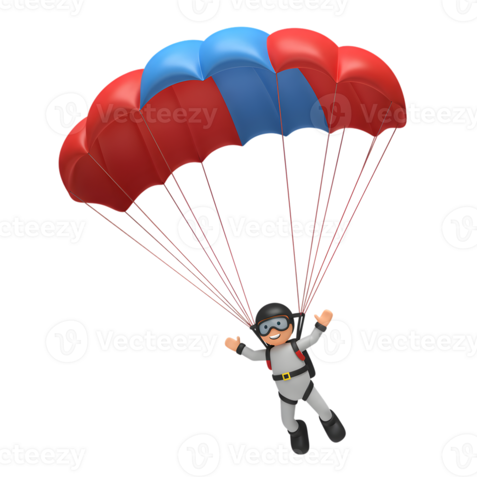 Happy Skydiver Cartoon 3D Render Red Blue Parachute Fun Man Jump Fall Sport Image Flying Design png