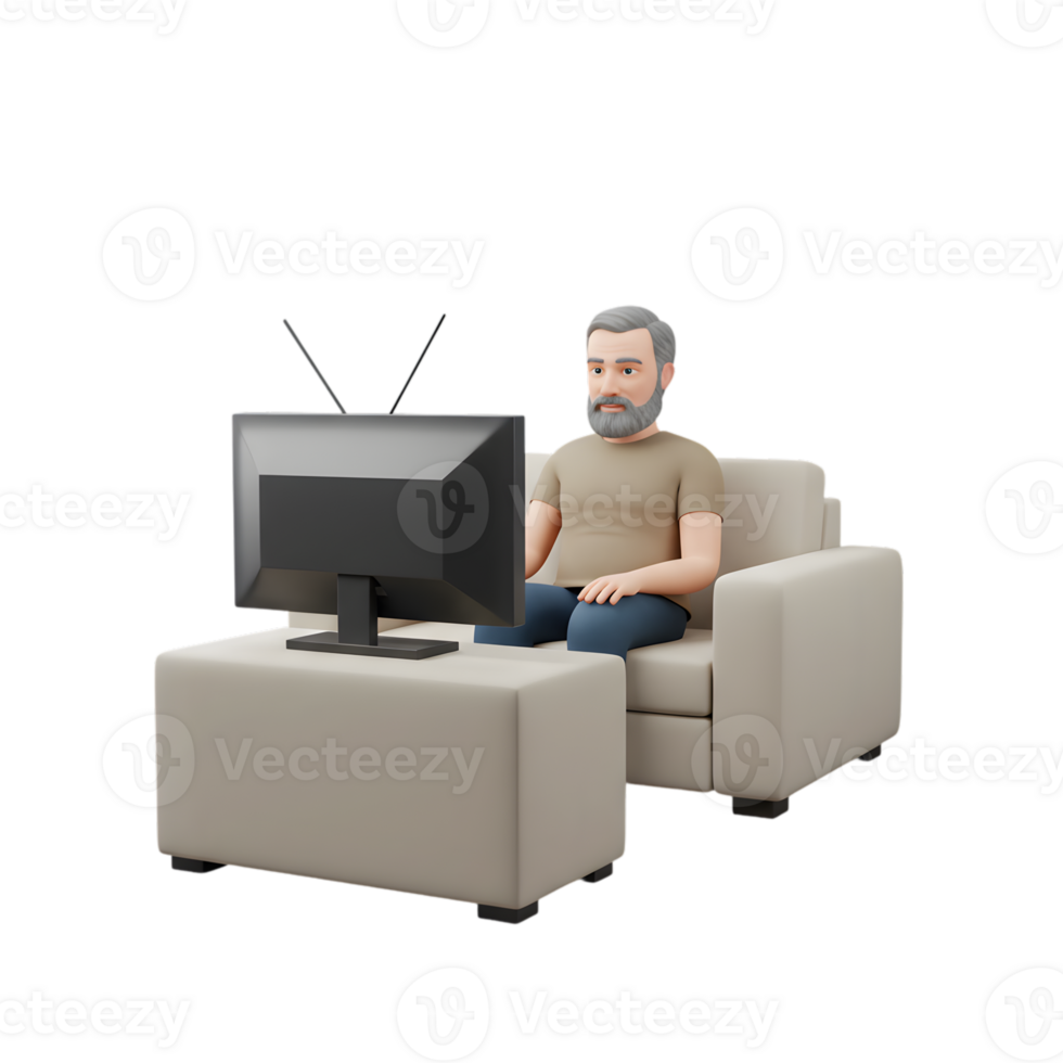 Senior Man Relaxing Watching Television on Comfortable Sofa tv 3d art home gray couch model beard png