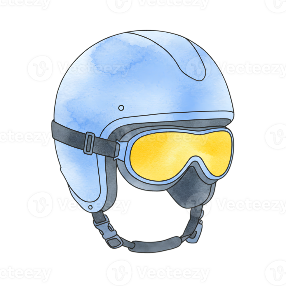 Blue Winter Sports Helmet with Yellow Goggles Watercolor Style Illustration Ski Gear Snow Cold png