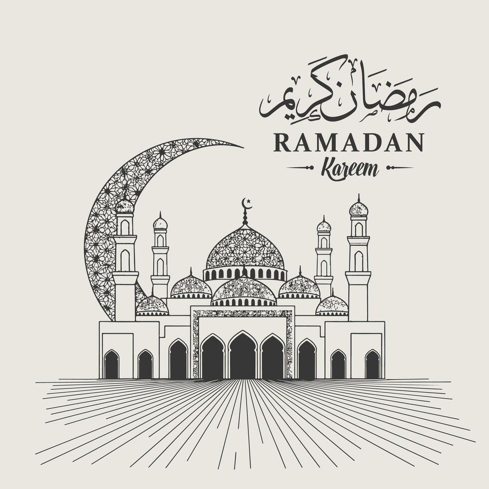 Elegant Ramadan Kareem mosque illustration with intricate crescent moon and Arabic calligraphy in vintage Islamic art style for festive greeting cards and decorations vector