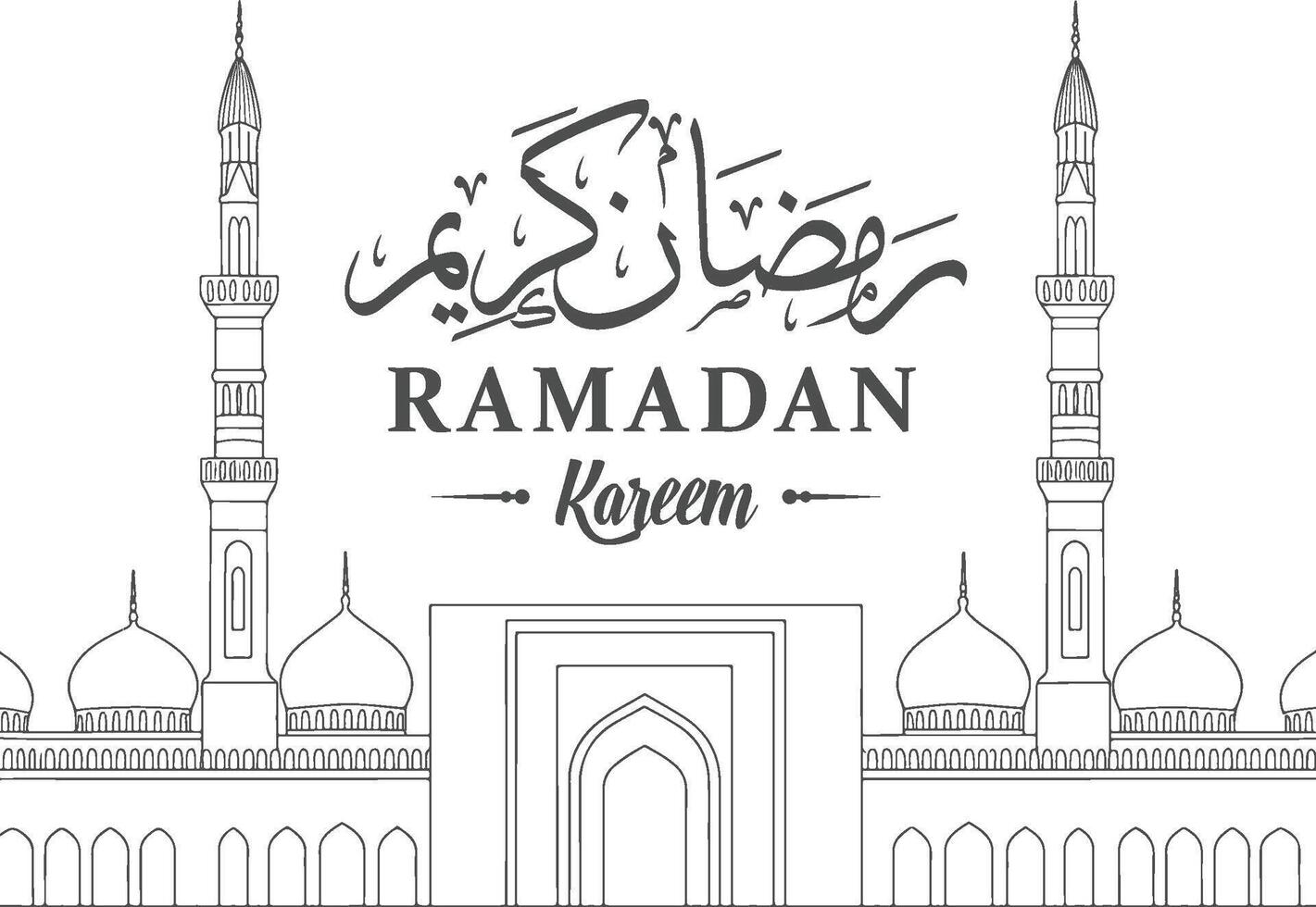 Minimalist Ramadan Kareem mosque line art with elegant Arabic calligraphy and traditional Islamic architecture for festive greeting and spiritual celebration vector