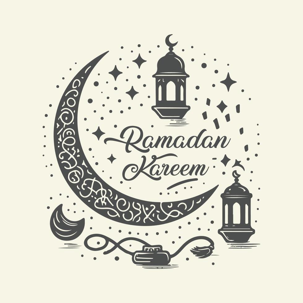 Intricate hand-drawn Ramadan Kareem greeting card illustration featuring a beautifully decorated crescent moon, Islamic lanterns vector