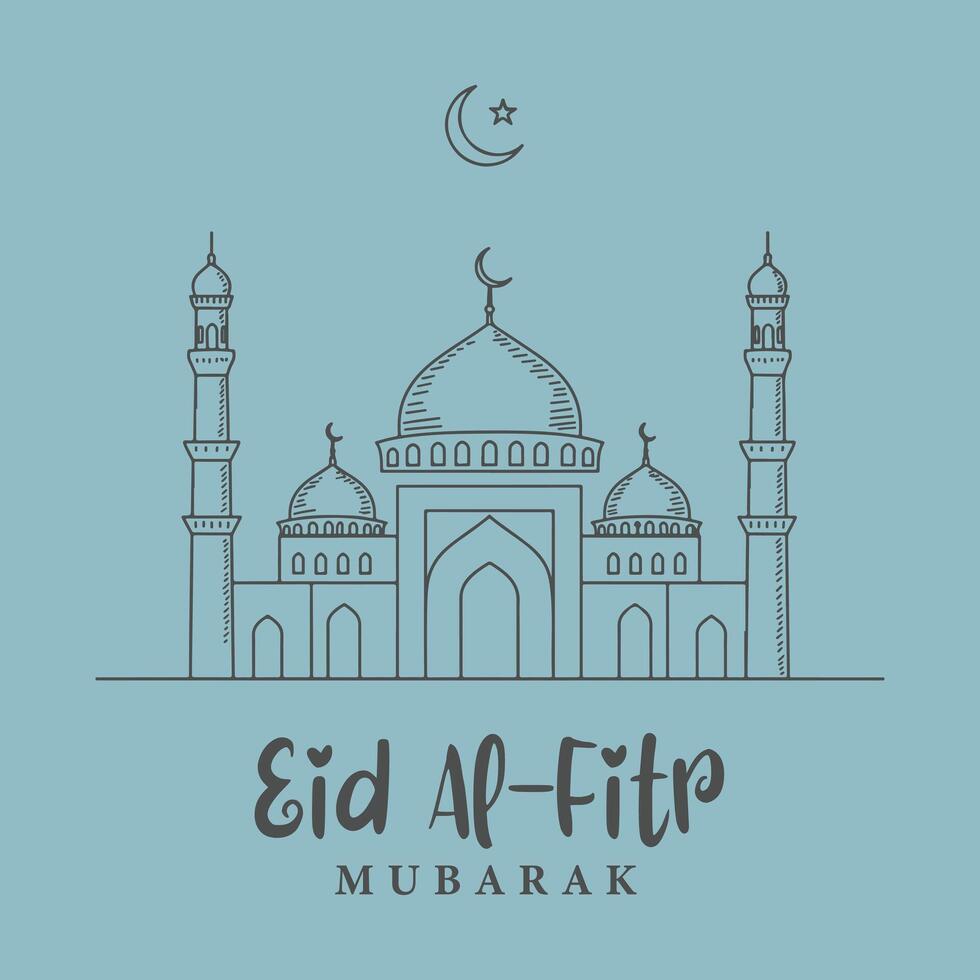 Simplistic Eid al-Fitr celebration design featuring an elegant mosque silhouette on a soft blue background with Islamic moon and star vector