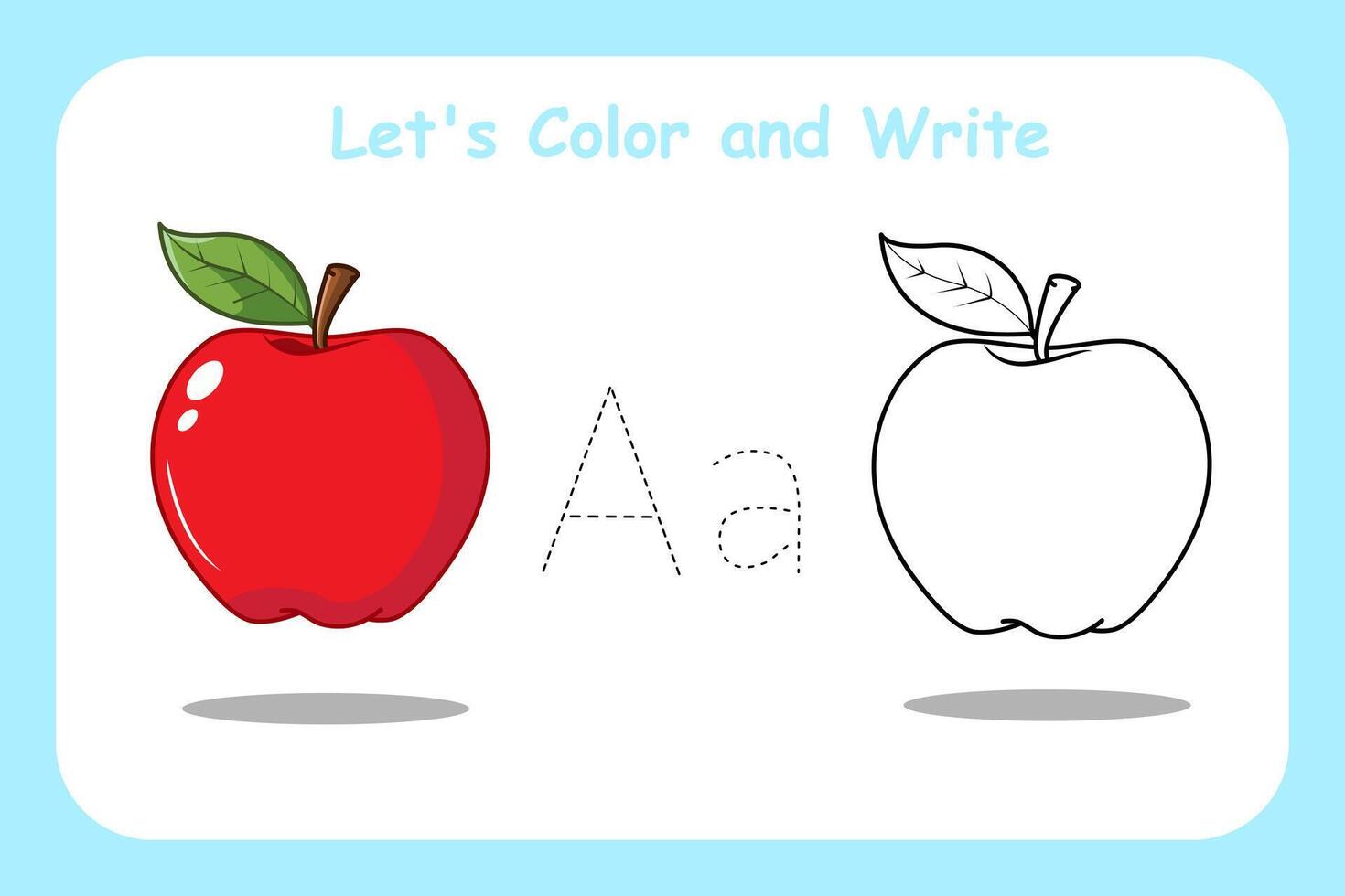 Flashcards Lets Color and Lets Write Apple Fruit Worksheet for Kid Learning vector