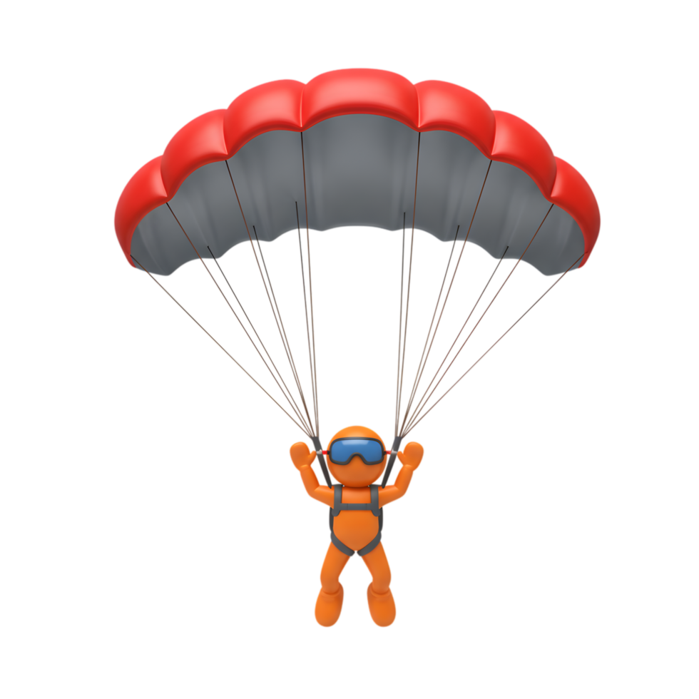 3D Orange Skydiver with Red Parachute Descending Safely Fun Jump Sport Image Model Safety Render png