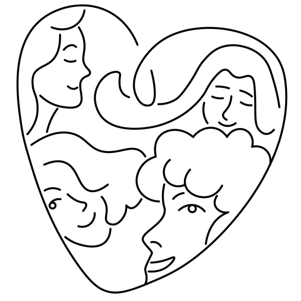 female portraits in heart shape vector
