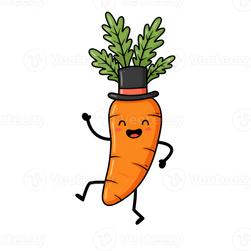 Happy Carrot Character Wearing Top Hat Fun Vegetable Illustration art cute food green black image png