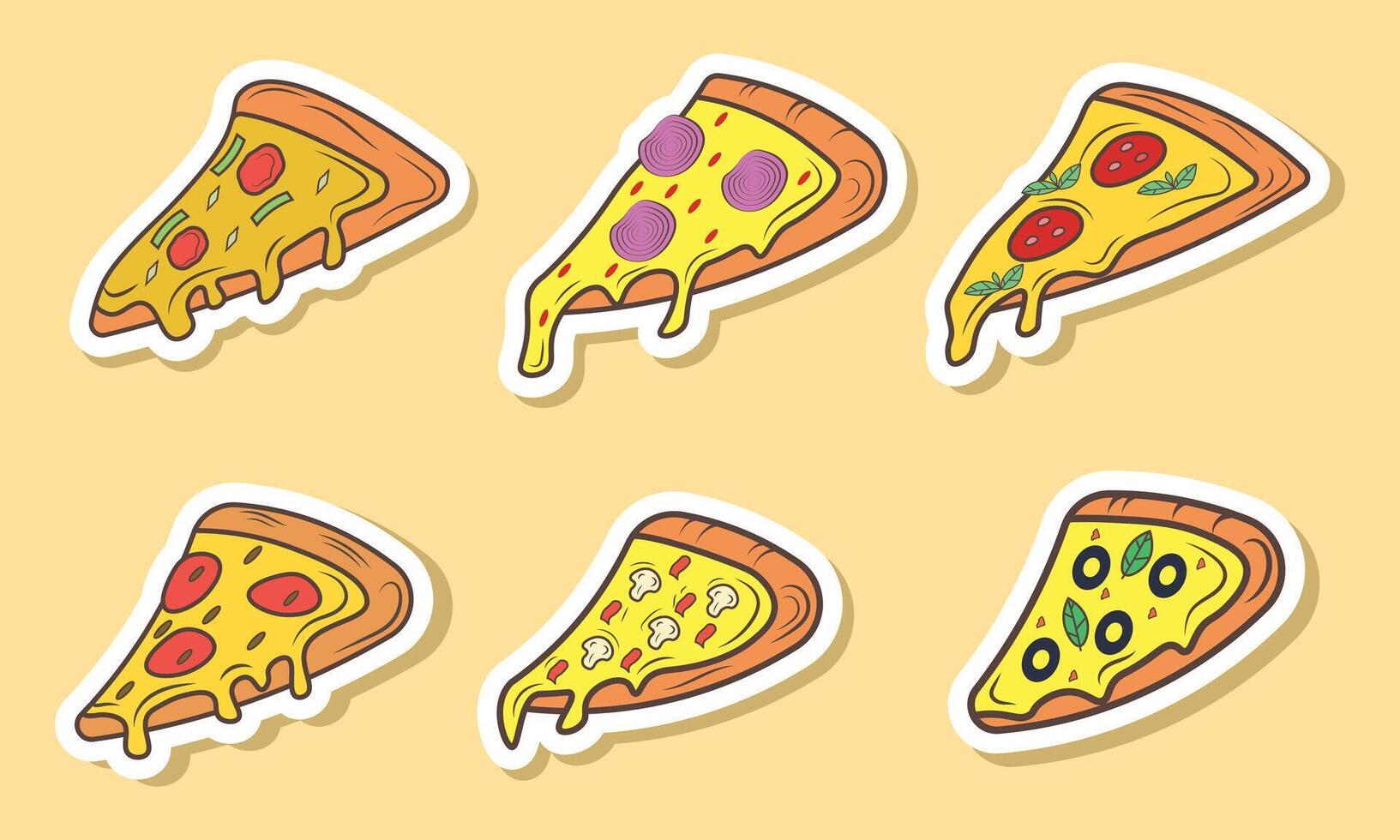 Colorful cartoon illustration showcases various pizza slices featuring different toppings on a light yellow background Great for menu design or food-related projects. vector