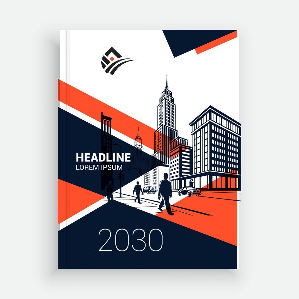 a book cover with a cityscape and a business logo vector