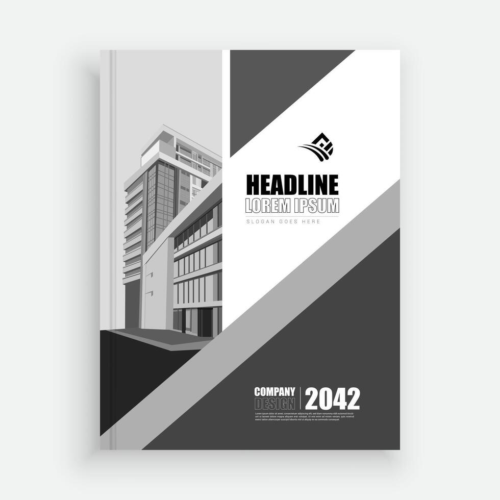 a black and white brochure with a building in the background Template vector