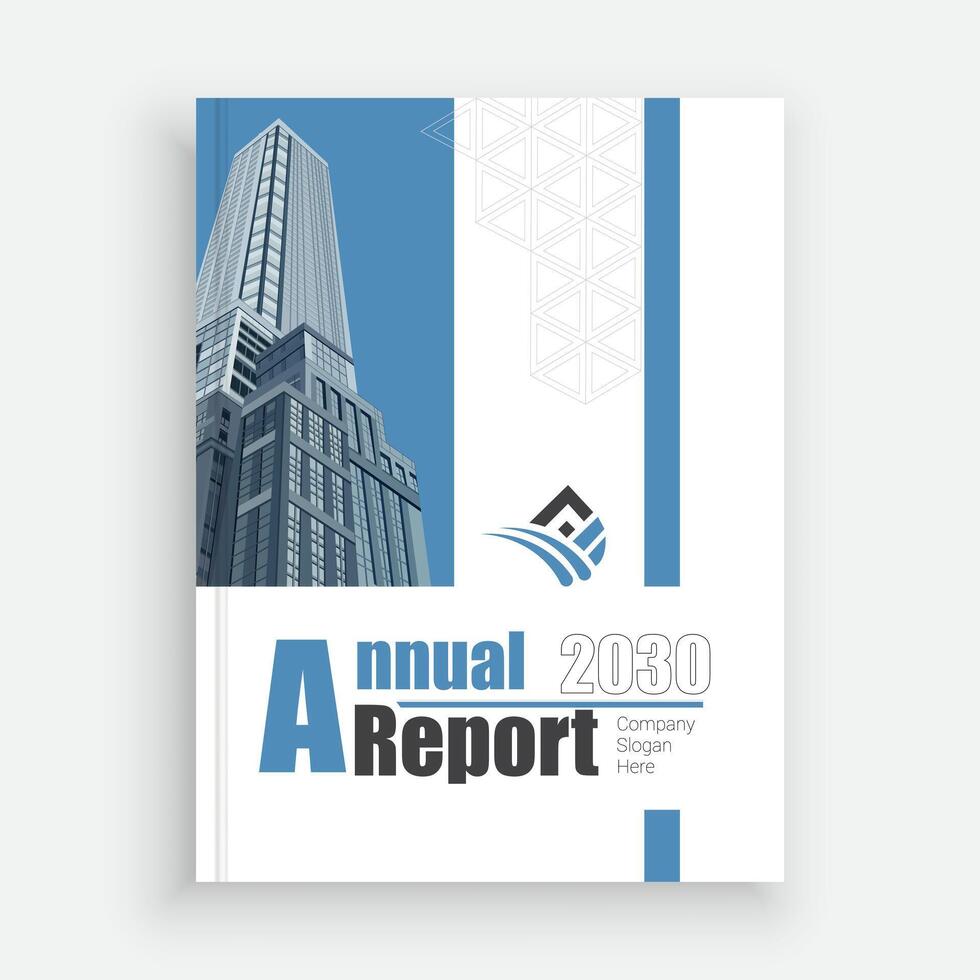 a report cover with a blue and white building vector
