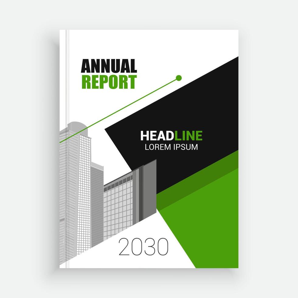 an annual report cover with green and black shapes vector