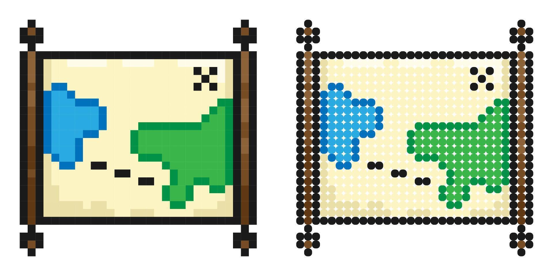 Pixel icon. Old map. Papyrus paper rolled up. Medieval letters and pirate treasure maps. Simple retro game image isolated on white background vector