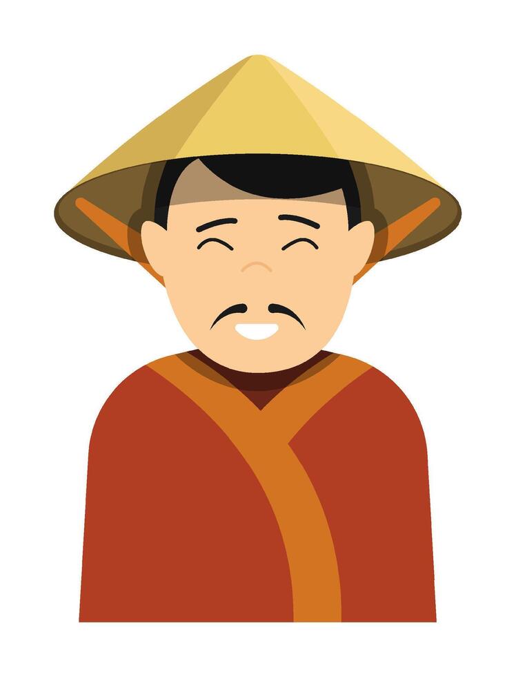 Japanese merchant with small black mustache in national straw hat. Ancient man in festive traditional dress. Cartoon character. image isolated on white background vector